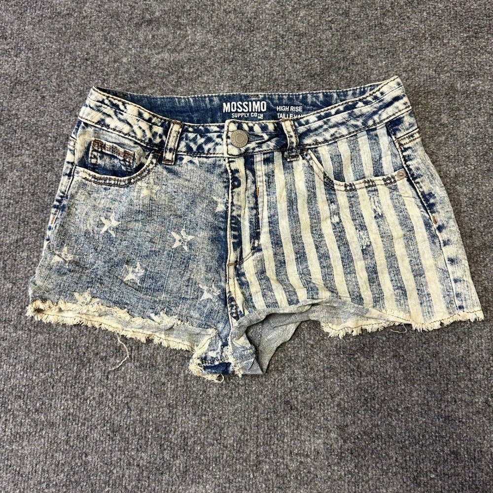 Mossimo Jean Shorts Womens Size 7 Blue Acid Wash Stars Stripes High Rise Cutoff